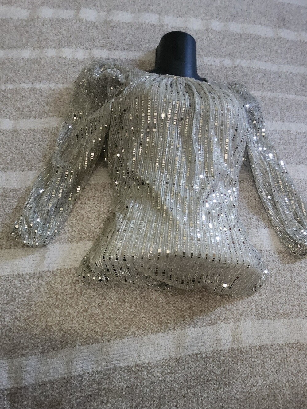 Sparkle Sequin Puff-Sleeve Women's Top - Silver